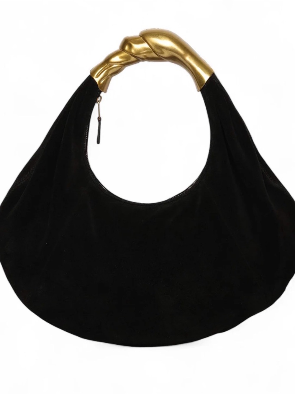 Black Suede Hobo Bag with Gold Twist Handle